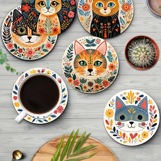 Waterproof Coasters for Daily Use 6 Pcs Cute Cat Coasters, Thick Heat-Resistant Wood Coaster Tabletop Protection, Unique Gift Ideas Lovers Non