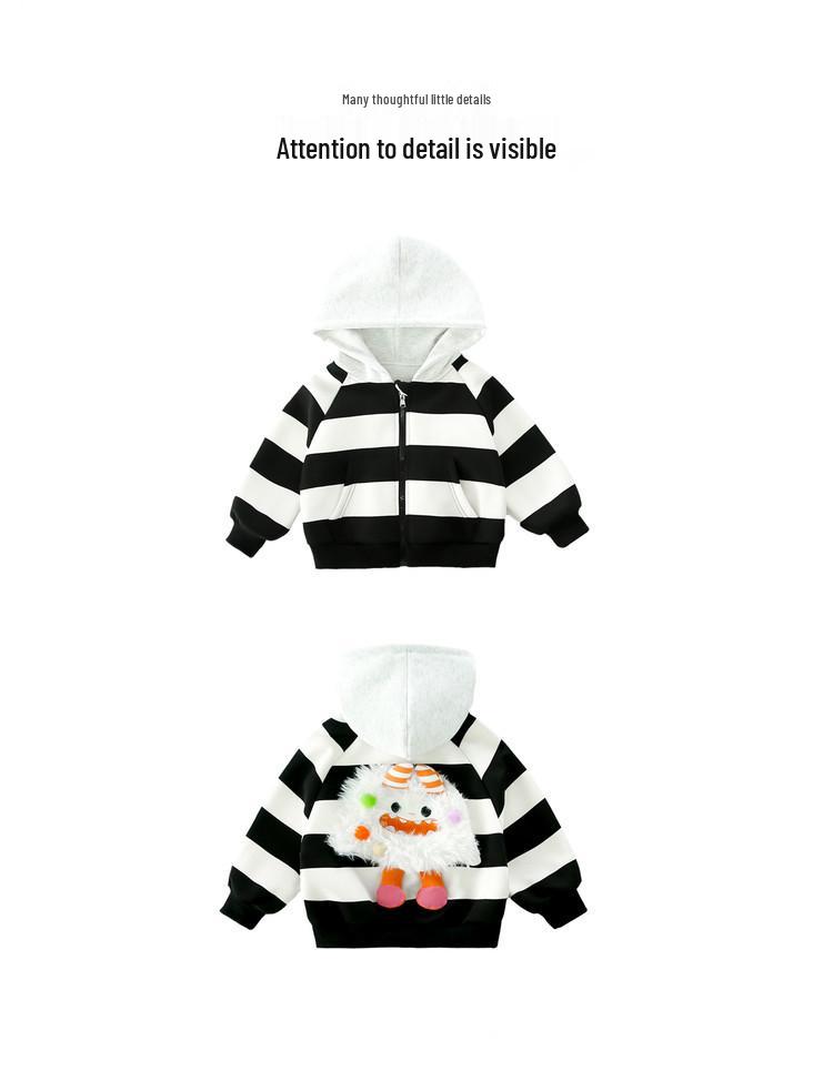 Girls' Striped Hooded Cardigan – 2026 Spring Collection Black & White Cartoon Sweatshirt Jacket