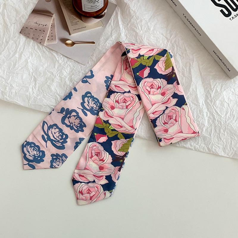 

Silk scarf long strip high sense summer new oil painting style versatile floral scarf headscarf headband hair tie bag streamer