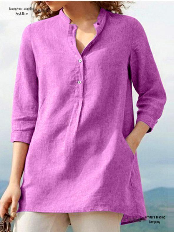 Damen Baumwoll-Leinen Hemd mit Sieben-Ärmeln und Stehkragen - Herbst Uni-Farben Patchwork Pullover