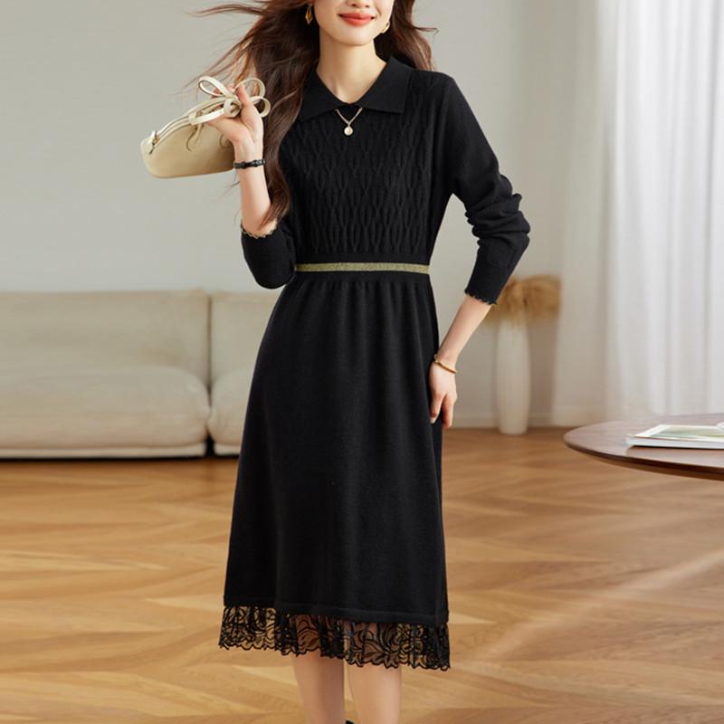 2025 Autumn-Winter Lace Base Layer Knit Dress with Waist-Cinched Skirt & Lapel for Women