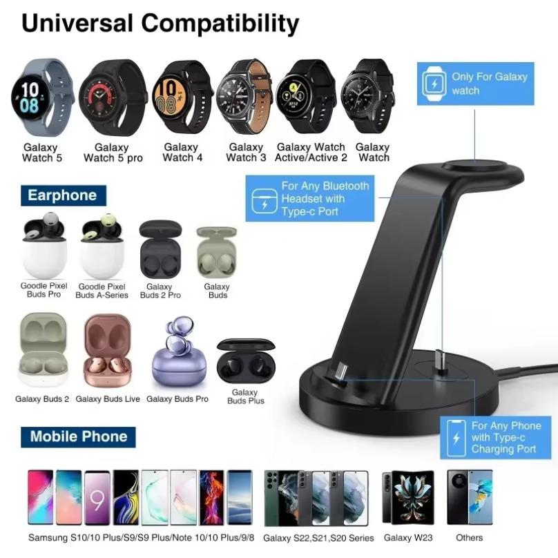 Phone Stand Fast Charging Station 3 In 1 Wireless Charger For Samsung Galaxy S24 S23 Watch 6 Pro/5/4 Active 1 2 Buds 2 Pro Plus