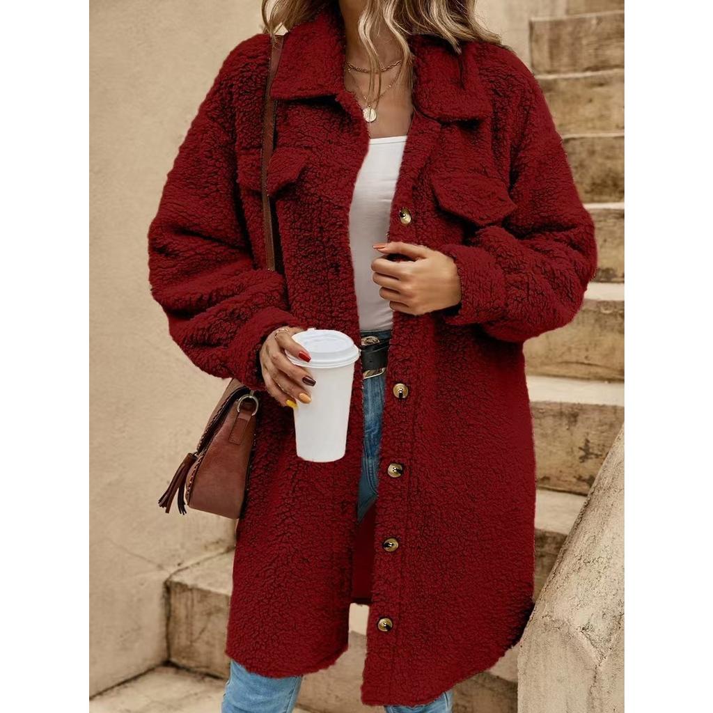 Women's Winter Long Loose Plush Coat, Turn-down Collar Buttoned Open Front Oversized Warm Overcoat for Women, European & American Style