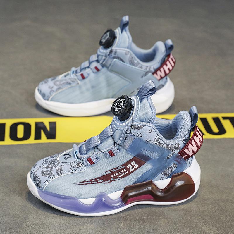 Mesh Children's Running Shoes 2025 Spring and Autumn New Sports Shoes Medium and Old Children's Rotating Buckle Actual Combat Breathable Non-slip and