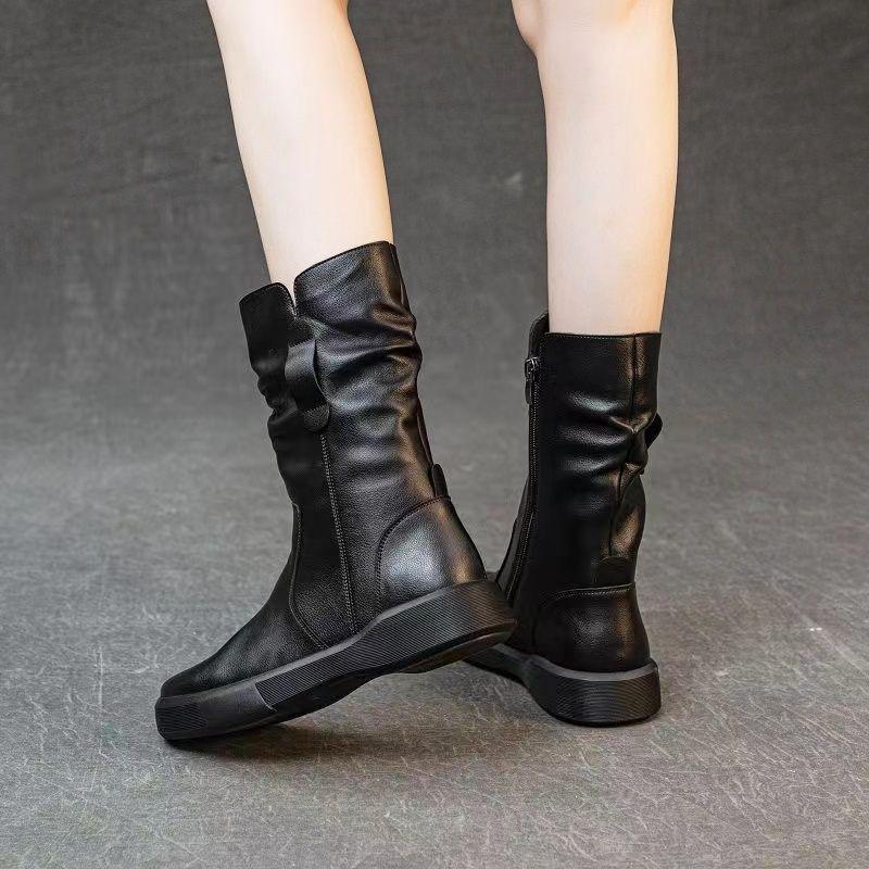 Cizme Martin de Damă Mărime Plus din Piele Naturală Până la Mijlocul Gambei - Căptușite cu Lână, cu Talpă Groasă, Călduroase, Colecția Toamnă/Iarnă.