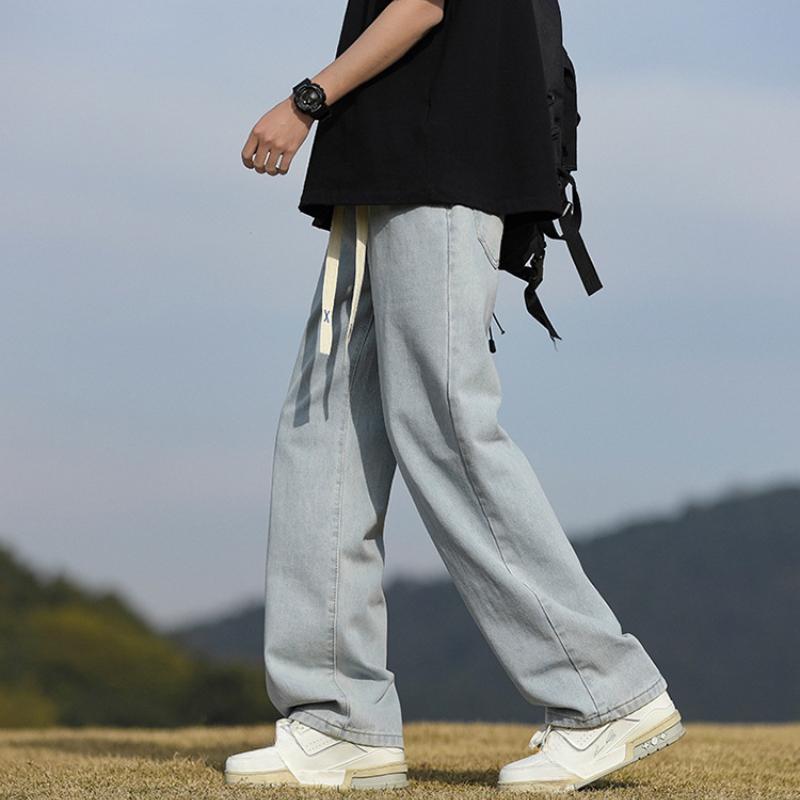 Light Blue Washed Men's Jeans Straight Leg Wide Leg Thin Summer Casual American Retro Loose Fit Long Pants