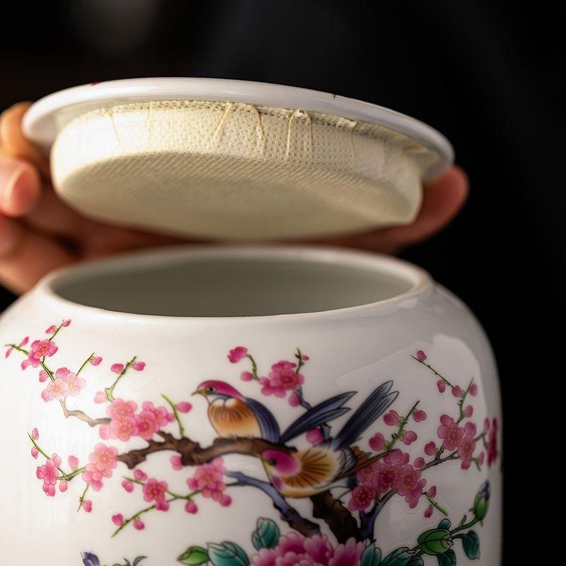 Large Ceramic Tea Caddy with Lid – Vintage Bird & Flower Design, Airtight Storage Jar for Loose Leaf Tea