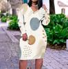 Women Plus Size V Neck Long Sleeve Blue White Tie Dye Printed Fitted Midi Dress