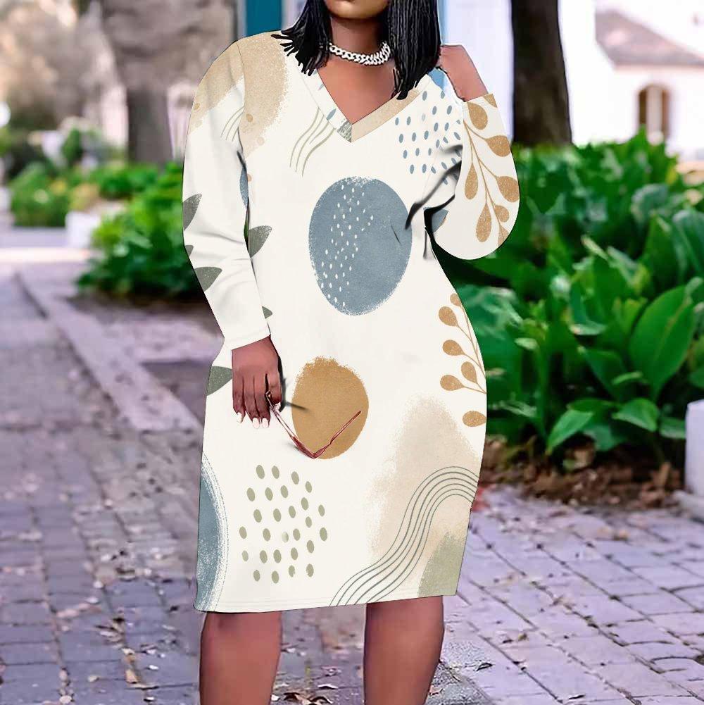 Women Plus Size V Neck Long Sleeve Blue White Tie Dye Printed Fitted Midi Dress