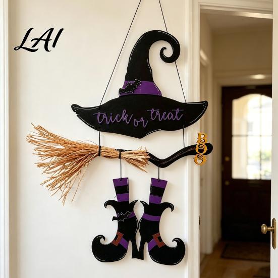 Hanging Wall Decor Halloween Witch Hat Boot Sign Trick or Treat Decoration Reusable Sign for Home Room Wooden Front Door Hanger Holiday Party,