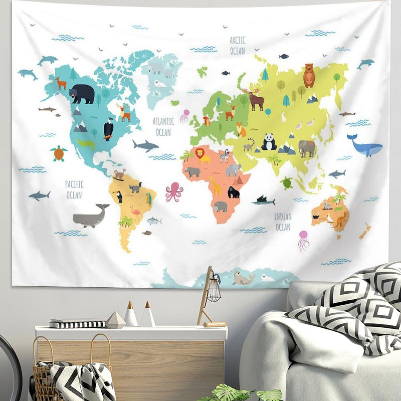 VIKAMA Ins Scandinavian World Terrain Tapestry Childrens Room Wall Decoration Cartoon Animal Map Bedside Background Tapestry