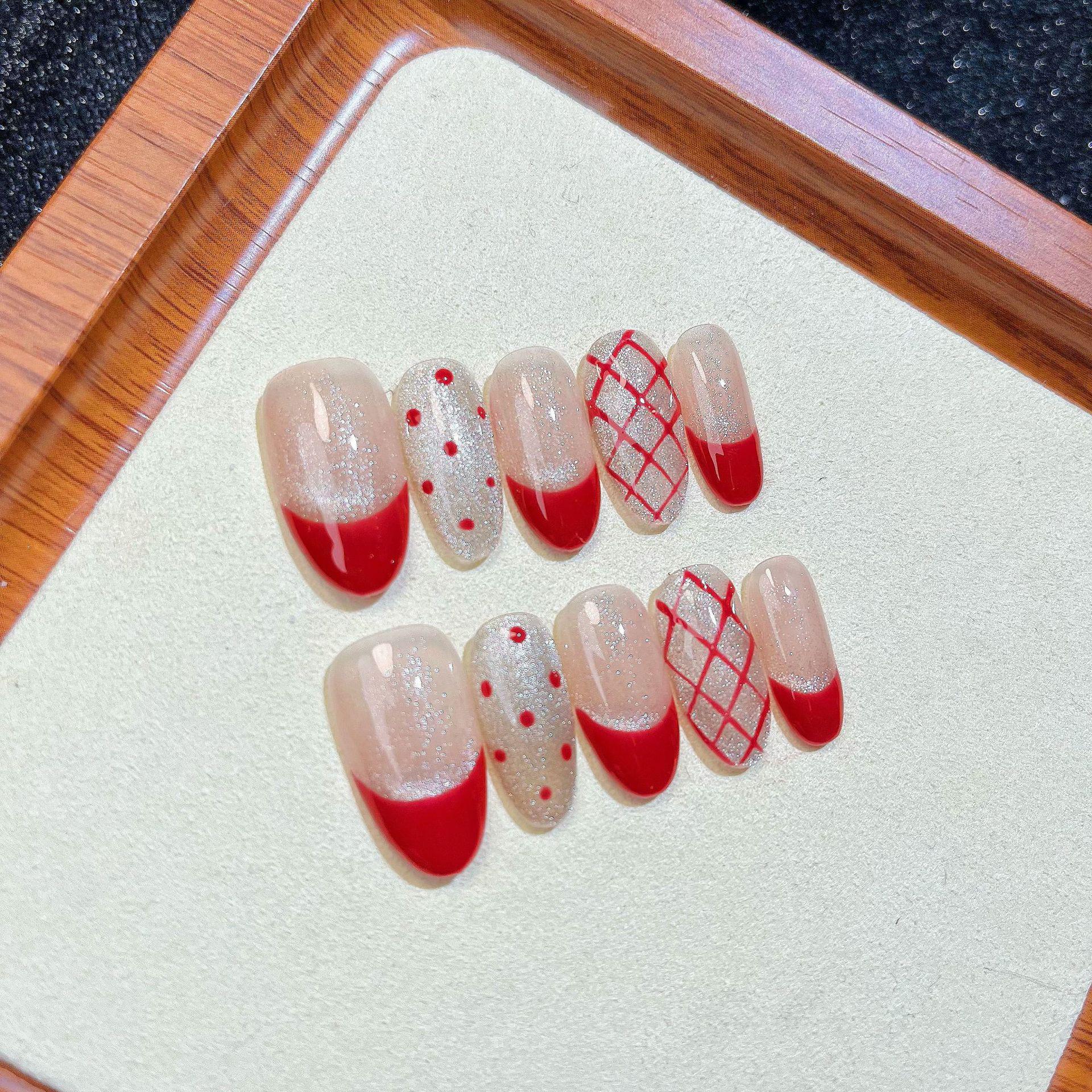 

Red Cat Eye Gingham Polka Dot Handmade Nail Art for Autumn/Winter S