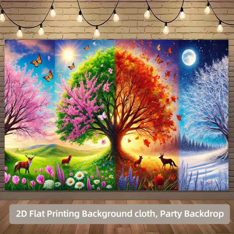 2D Four Seasons Tapestry, Vibrant Spring, Summer, Autumn, Winter Tree Wall Art