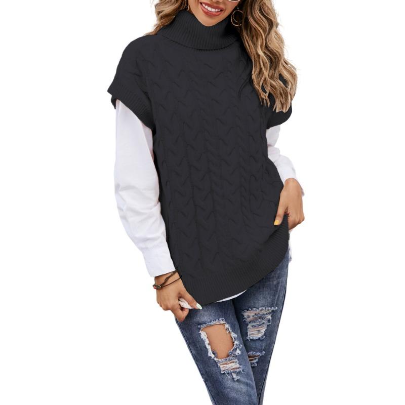 Women's Autumn and Winter Sleeveless Button Rope Knit Loose Pullover High Neck Sweater