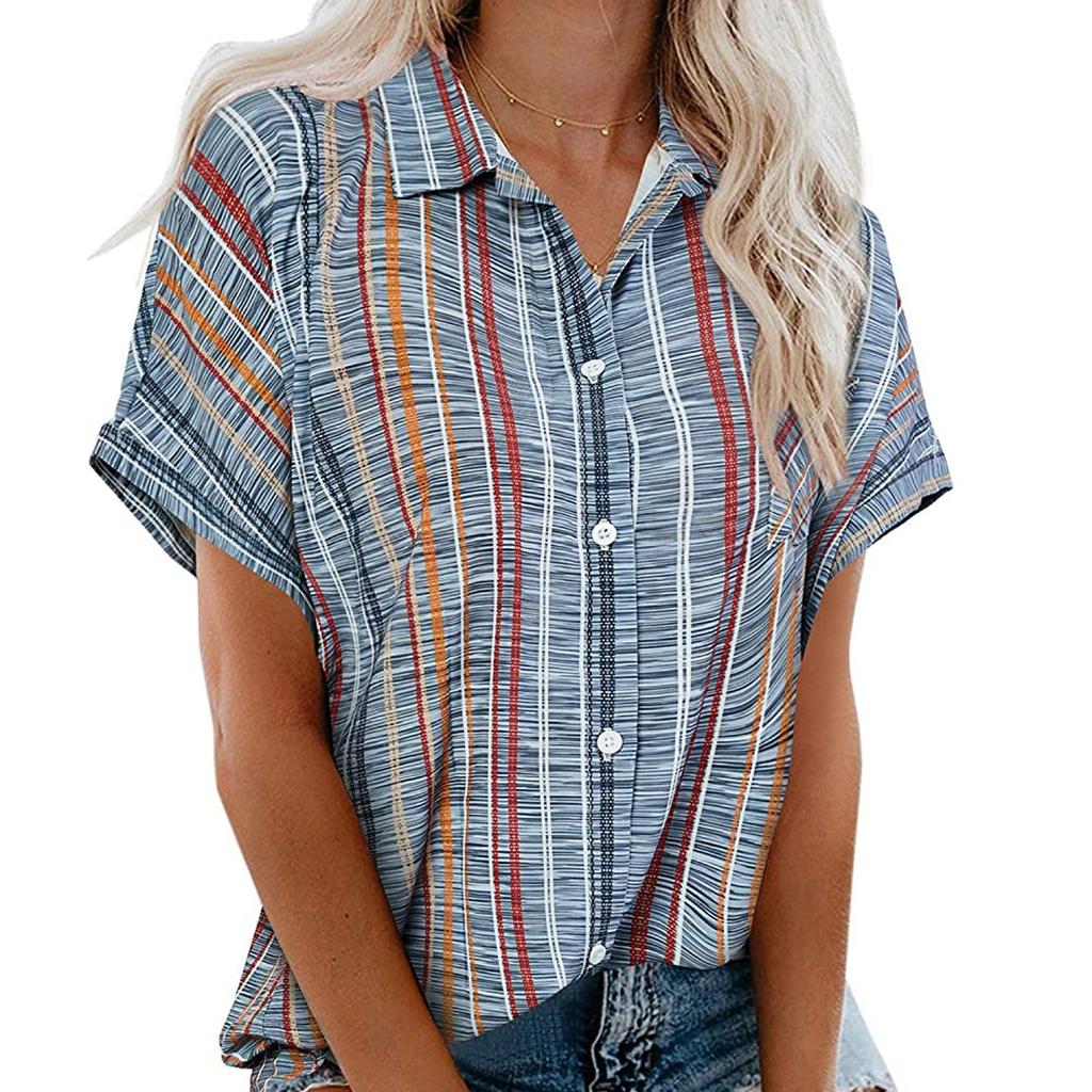 Women Casual Stripe Print V-neck Pocket Short  Sleeve Tops Blouse T-shirt