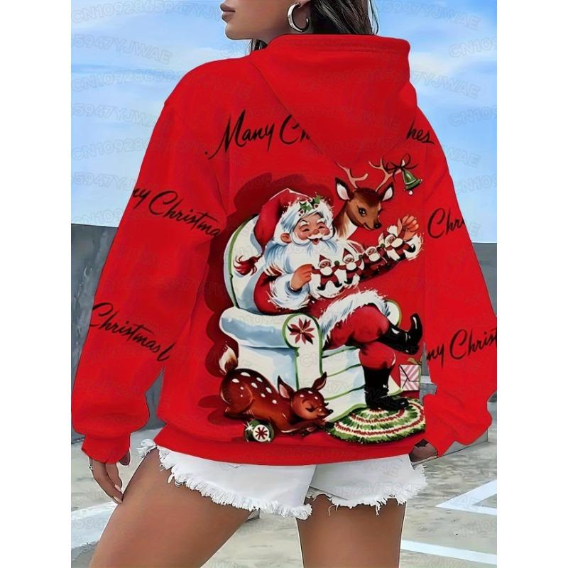 Autumn and Winter Women's Plus Size Christmas Santa Claus Print Hooded Sweatshirt Cozy Pullover Sweatshirt Holiday Outfits
