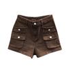 Women's White High Waist Cargo Shorts Multi-Pocket Button Fly Denim Shorts