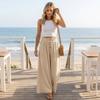 Linen Casual Wide Leg Pants For Women Elastic Waist Versatile Business Casual Work Palazzo Trousers With Pockets