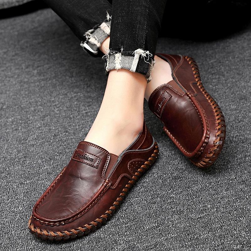 Spring and Autumn Plus Size Leather Shoes Men Casual Leather Shoes Men plus-Sized Round Toe Shoes Soft Leather Soft Bottom Non-Slip Driving Shoes