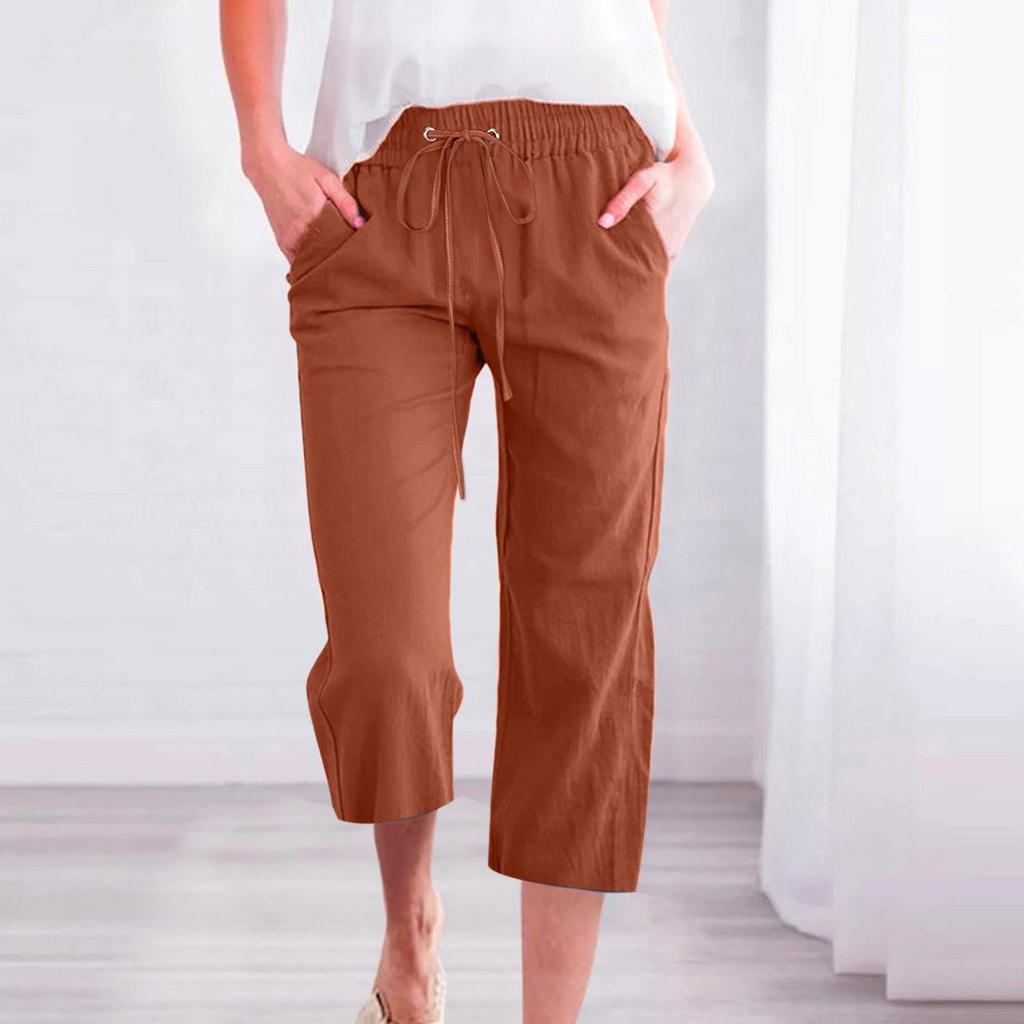 Frauen Hosen Jogginghose Einfarbig Gerade Weiche Elastische Taille Kordelzug Hosen Mitte der wade Länge Geerntete Hosen