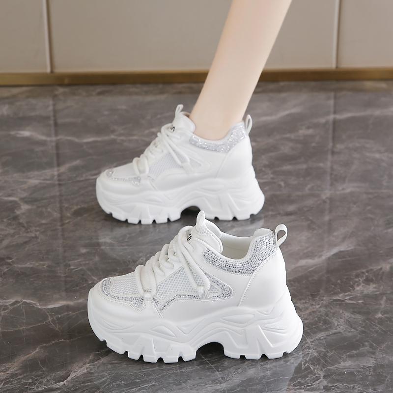 Fashion New Women Leather Platform Sneakers Spring Trainers White Shoes 9CM High Heels Wedge Outdoor Sport Shoes Breathable Casual Shoes