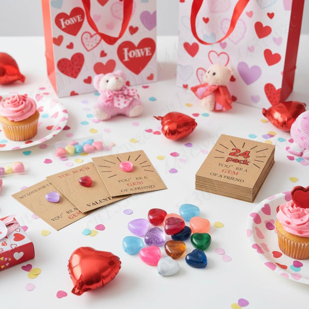 24 Pcs Valentines Gift Cards with Heart-Shape Crystal Gems Valentine Exchange Card for Boys & Girls Classroom School Party Favor