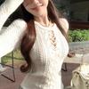 Women's Crew Neck Hollow Out Knitted Top Autumn Winter Slim Fit Long Sleeve Cable Knit Sweater Tight Base Layer Upper Garment