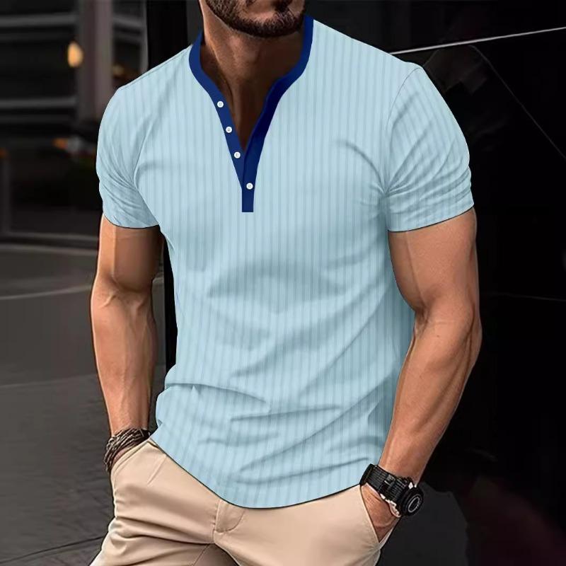 Herren Einfarbig Rippstrick Casual Knopf V-Ausschnitt Slim Ärmel Kurzarm T-Shirt