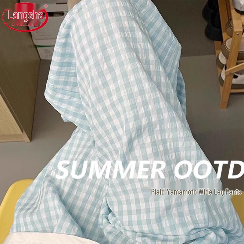 

Langsha Women s High-Waist Plaid Wide-Leg Drape Pants L