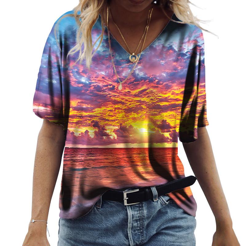 

Женские летние новые футболки с v-образным вырезом и 3D принтом, женские модные повседневные свободные пуловеры с короткими рукавами, разноцветная одежда XS