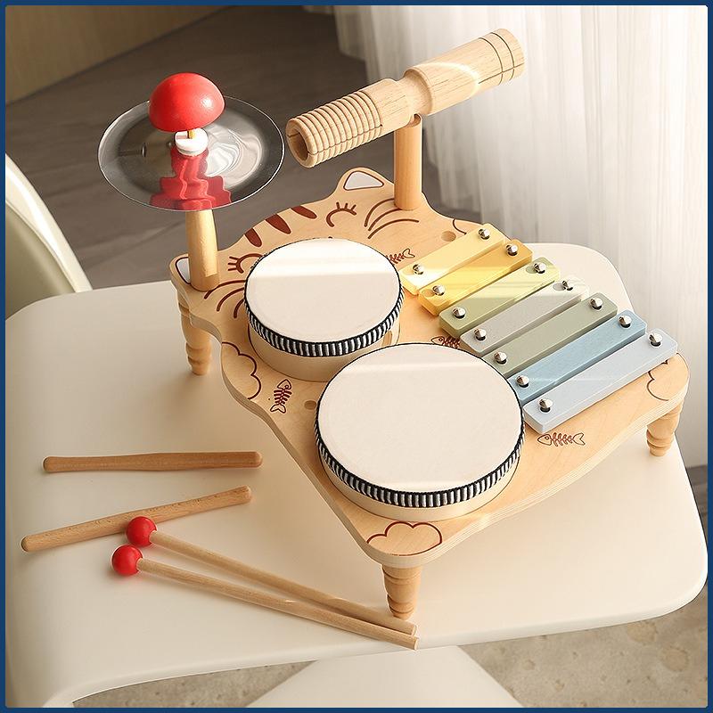 Kids Wooden Montessori Musical Percussion Toys - Xylophone Drum Gong Hand Drum Educational Toddler Toy
