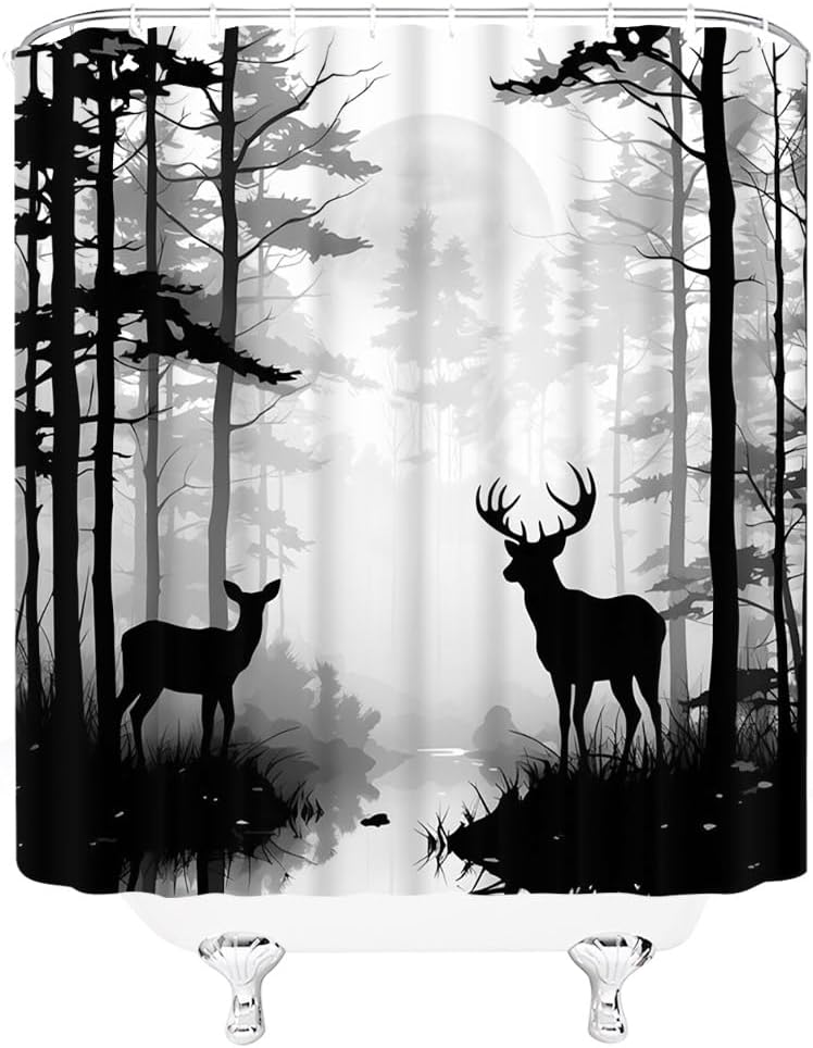 Deer Shower Curtain Foggy Forest Wildlife Hunting Moon Mountain Rustic Lodge Country Farmhouse Pine Tree Outdoor Gray