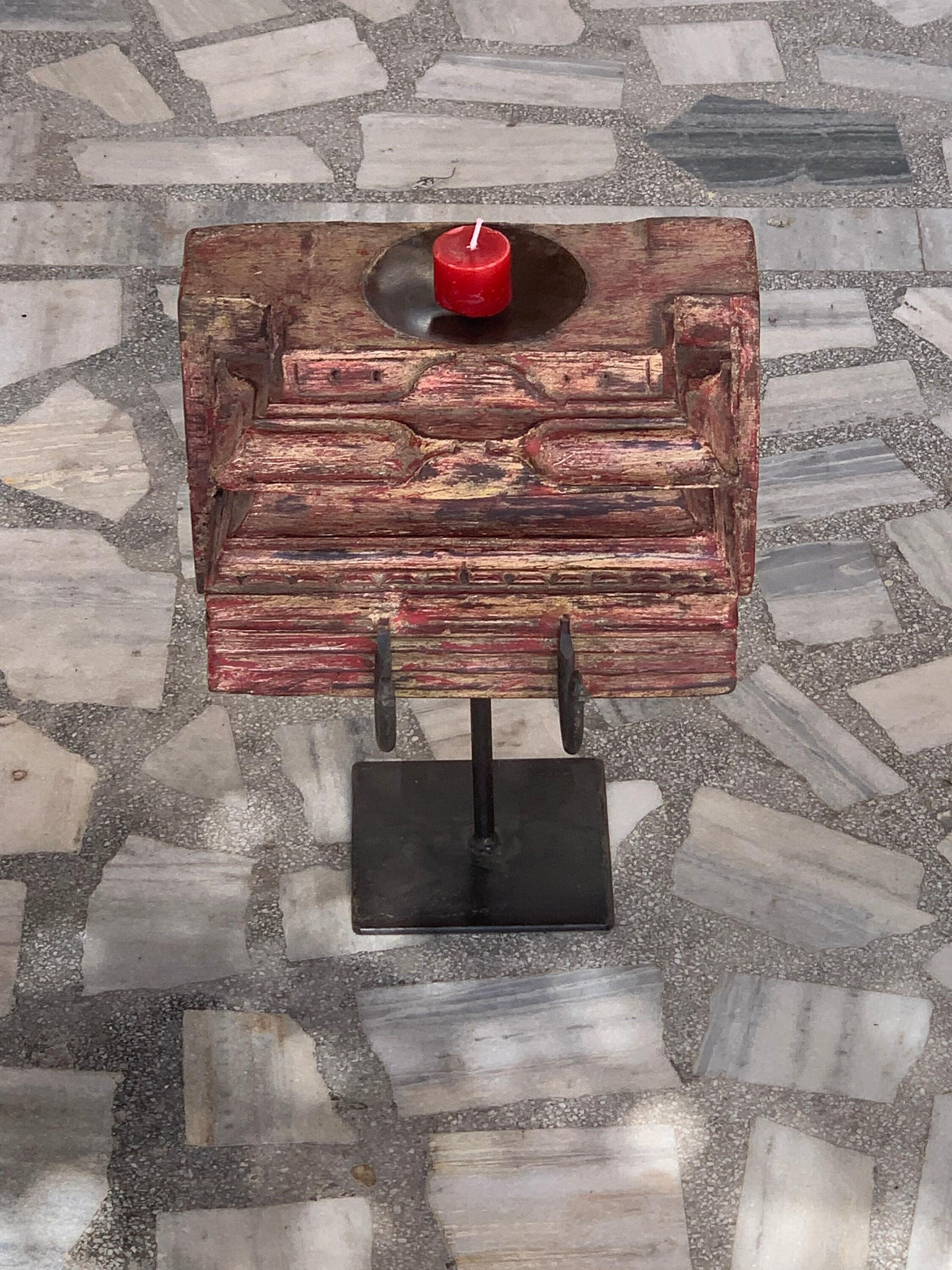 

Antique Carved Wood Candle Stand: Rustic Indian Decor 16” X 8” X 24” (l x w x h) разноцветный