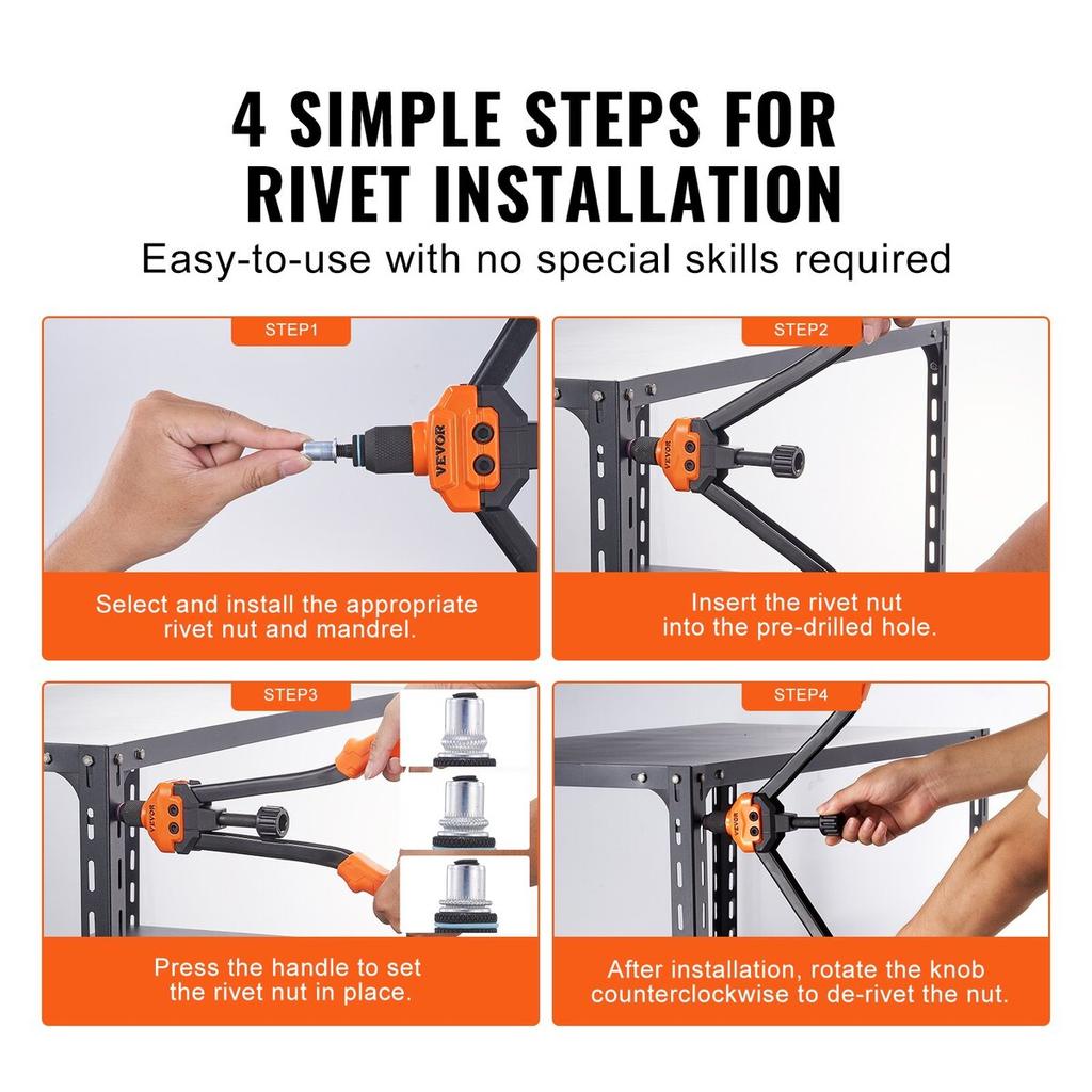 Rivet Nut Tool, 16” Rivnut Tool Kit with 13PCS Metric and SAE Mandrels, 186PCS Rivet Nuts, M3, M4, 10-24, M5, M6, 1/4-20, 8-32, 5/16-18, M8, 3/8-16,
