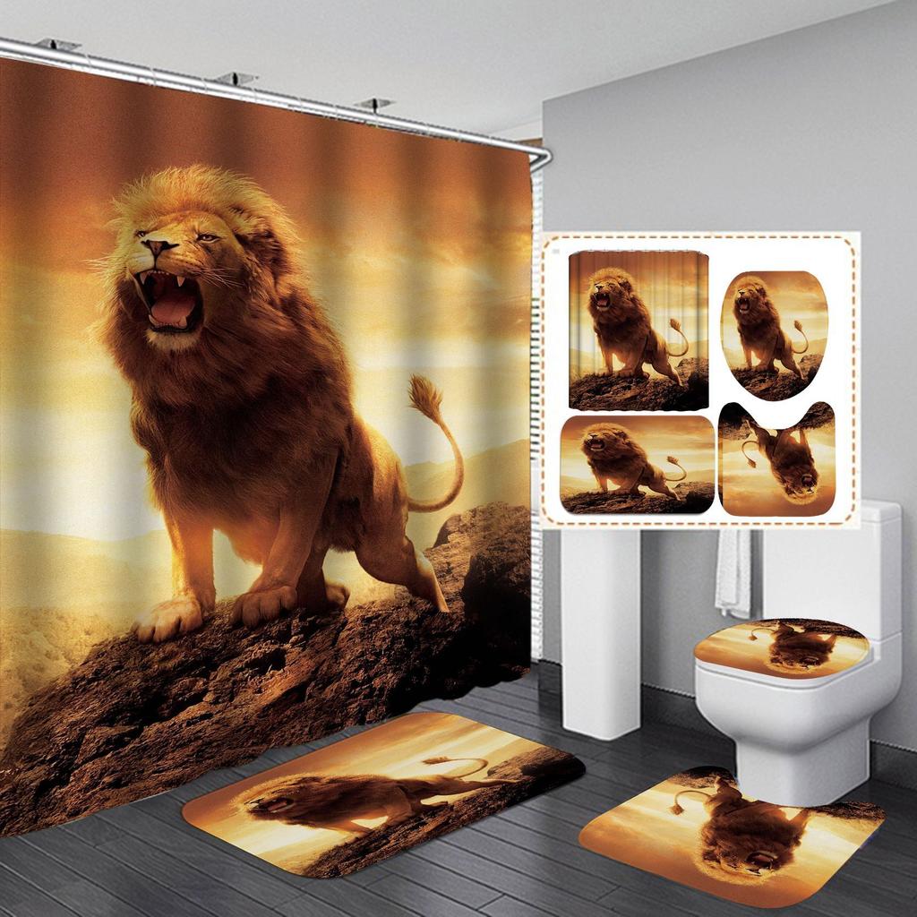 Seturi de perdele de duș din seria Lion 4 buc pentru baie Covoare de baie antiderapante Capac capac de toaletă Covoraș de baie