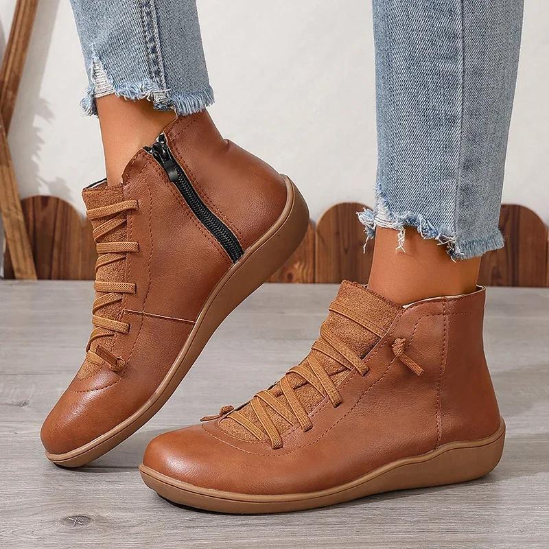 

Fashion 2025 Spring Women Waterproof Ankle Boots Vintage Woman Faux Leather Pu Flat Shoes Short Boots Womens Plus Size Zipper Booties 43 коричневый