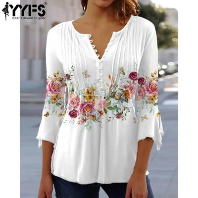 Damenmode, lässig, Sommer, Frühling, Blumenmuster, Druck, 3/4-Ärmel, V-Ausschnitt, Blusen und Hemden