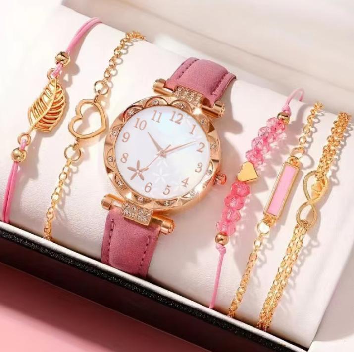 New Ladies Diamond Dial Belt Quartz Watch Beaded Bracelet Set 6Pcsset Chronograph Watch