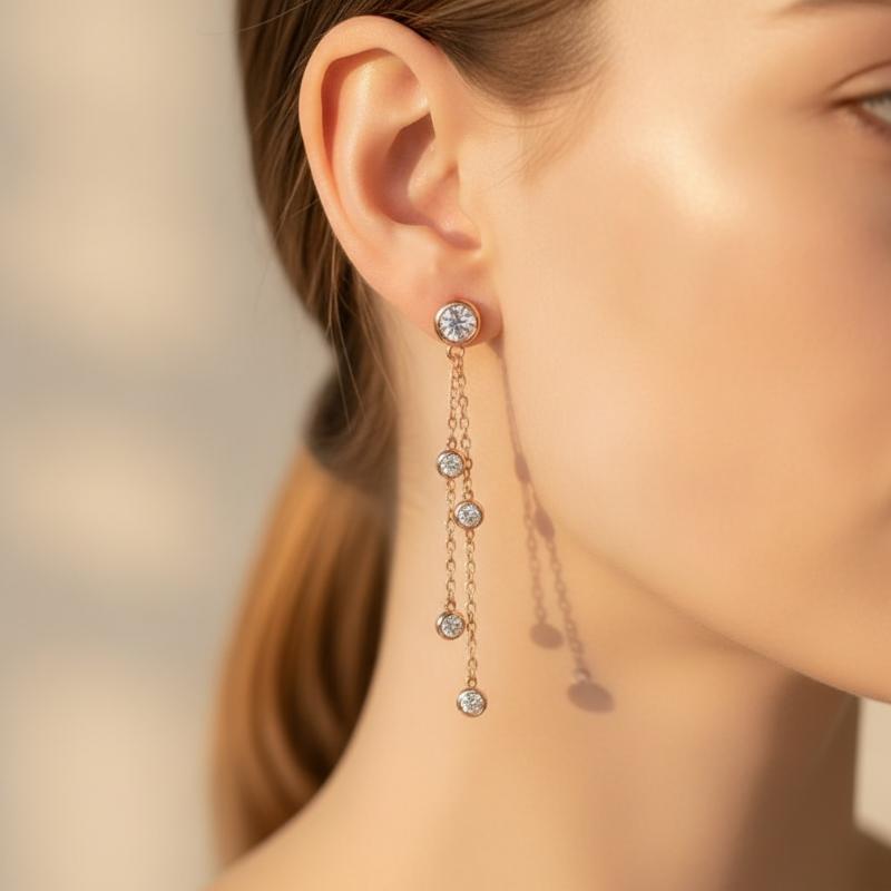 Tassel Chain Dangle Earrings Sparkling Zircon Rose Gold Color Fashion Accessories for Girls Vacation Photo Shoot