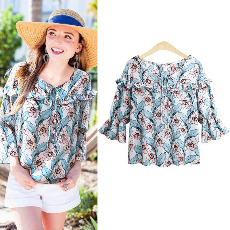 Модный принт с длинным рукавом для женщин. Мягкая свободная футболка с v-образным вырезом — фото 3