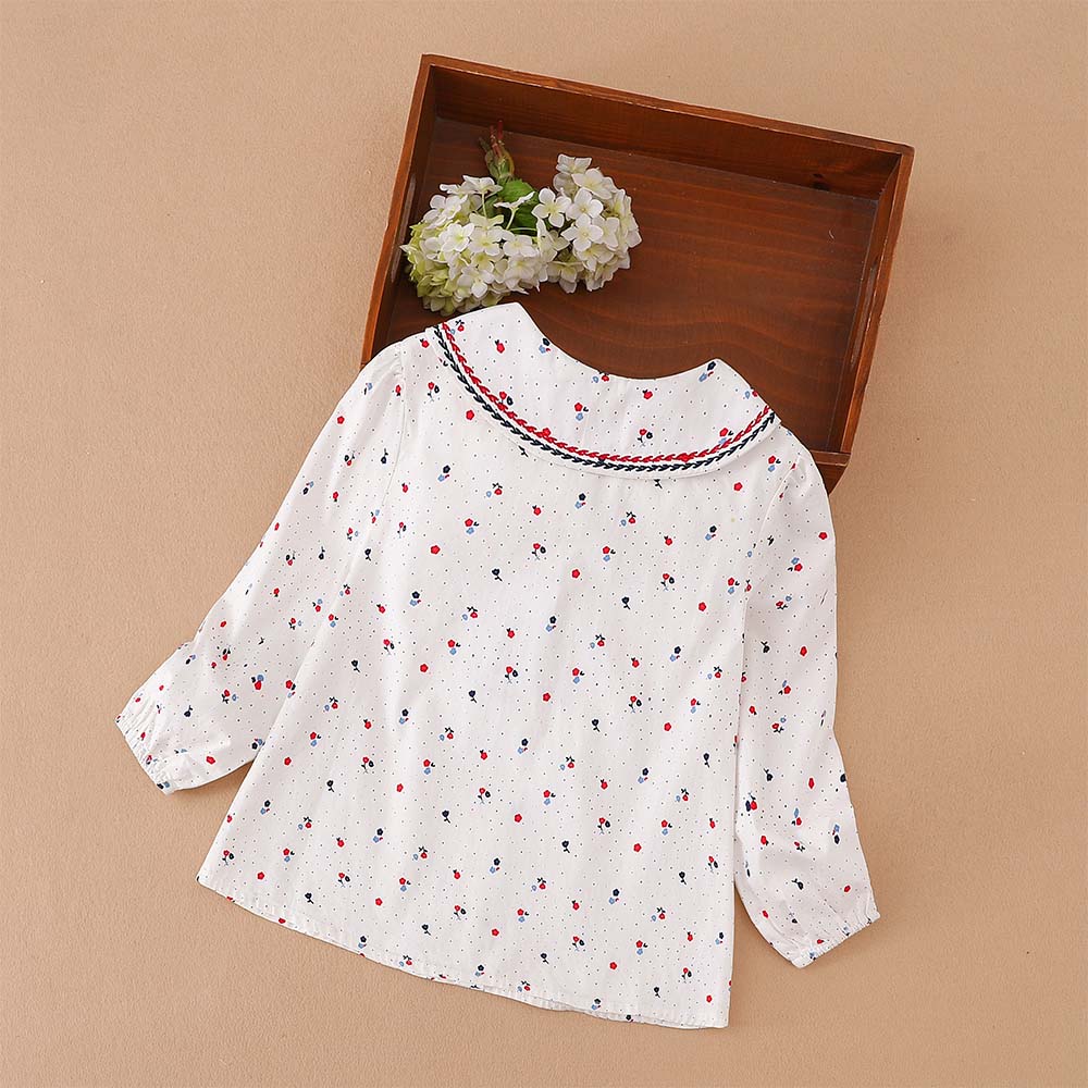 Mädchen Kirschenmuster Langarmshirt Matrosenkragen Marineblau Rot gestreifte Borte Knopfleiste Bluse für 2-6 Jahre alte Kinder