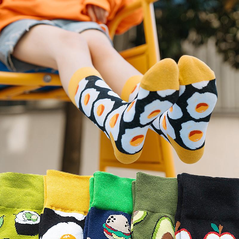 5 Pairs Graffiti Socks Women Cotton Cute Socks Food Animal Designs Omelette Burger Colorful Casual Funny Socks