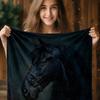 1pc Zeal Lily Vintage Black Horse Portrait Flannel Throw Blanket - Dark Brown/Blue/Gray/Teal Elegant Equine Design, Soft All-Sea