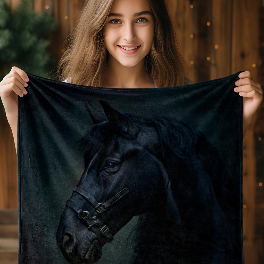 1pc Zeal Lily Vintage Black Horse Portrait Flannel Throw Blanket - Dark Brown/Blue/Gray/Teal Elegant Equine Design, Soft All-Sea