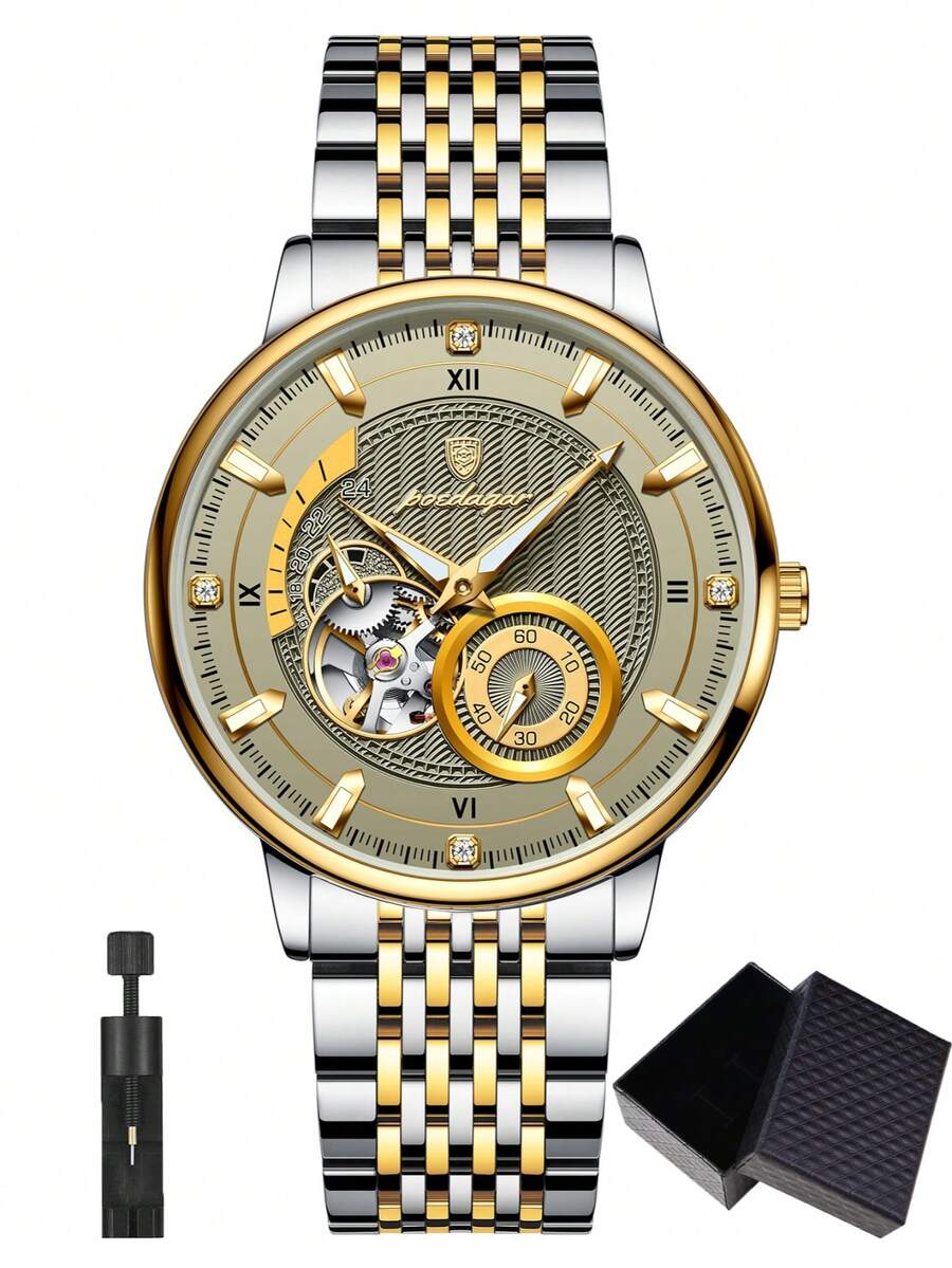POEDAGAR Men s Business Stainless Steel Automatic Skeleton Tourbillon Mechanical Watch Perfect Gift For Men серый/золотой