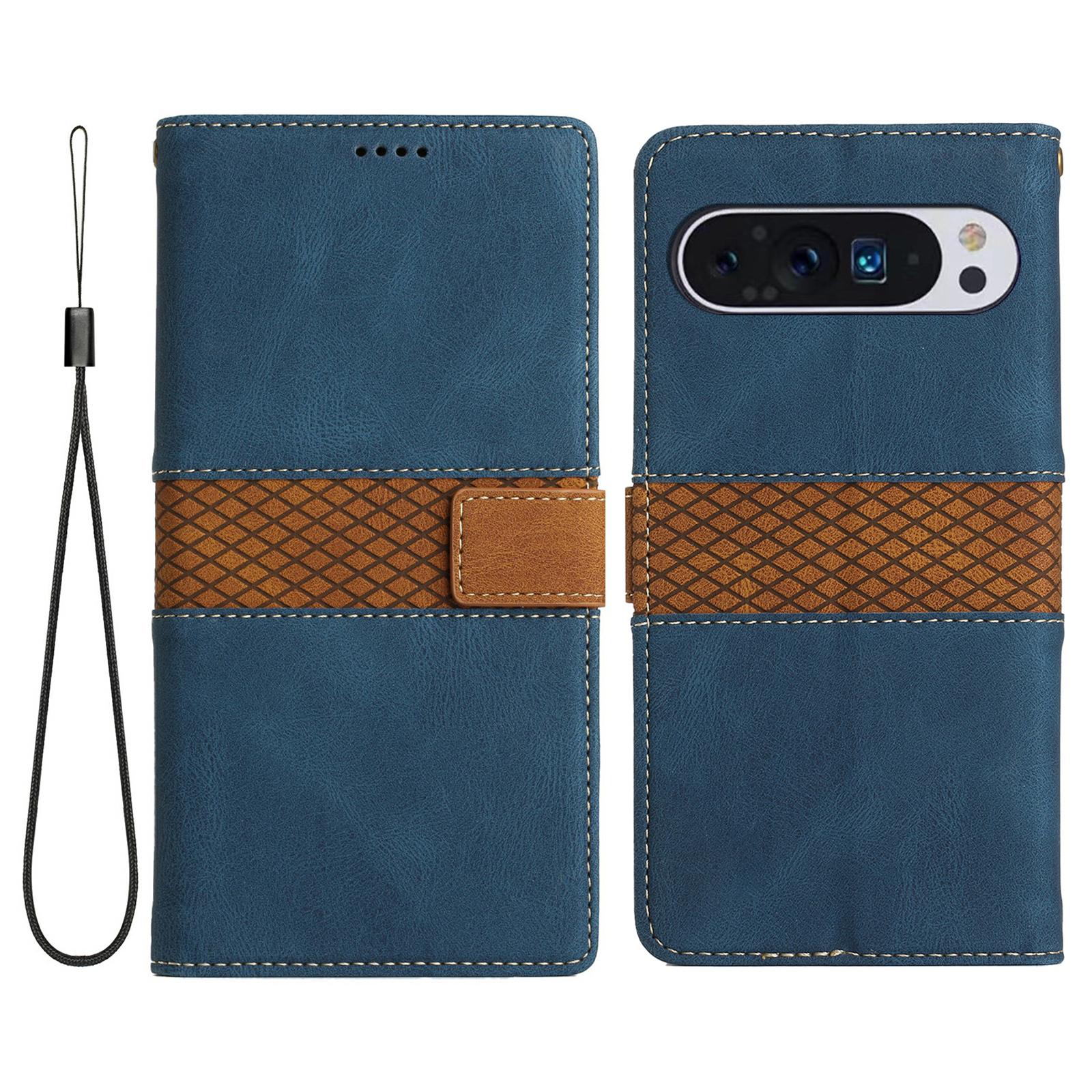 

For Google Pixel 9 Pro XL Leather Case Grid Splicing Stand Wallet Phone Cover Blue