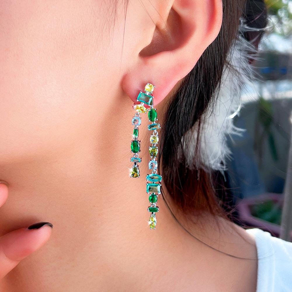 Needle Light Luxury Super Fairy Temperament Long Face Small Earrings Geometric Color Zircon Two Wear Double Fringed Earrings