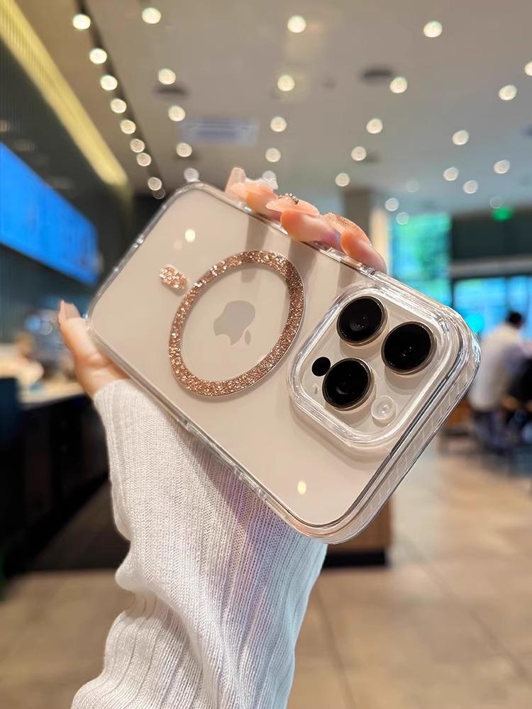 Luxusní třpytivý Magsafe bezdrátově nabíjecí kryt na telefon pro iPhone 12 13 14 15 16 Pro Max Plus Průhledný silikonový magnetický nárazník