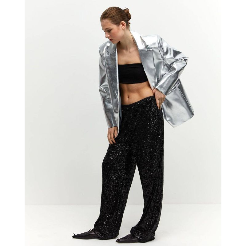 Cross-Border European and American New Fashion Casual Pants for Women Amazon Women s Loose Sequin Long Pants Blingtrousers Black M