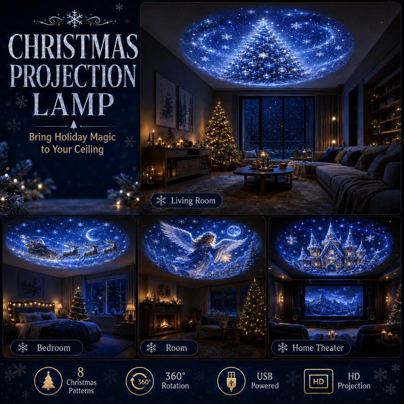 Lumière de Projection de Noël USB 8 Motifs HD Réglable à 360° Flocon de Neige Arbre Projecteur d'Ambiance Lampe Décoration de Noël Intérieure